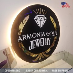 Custom Round Acrylic Logo Wall Sign LED Halo Backlit Mirror Finish