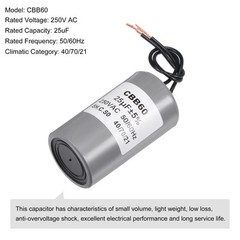 CBB60 Run Capacitor for Pump Motor Capacitor 25uF 250V AC 2 Wires 50/60Hz