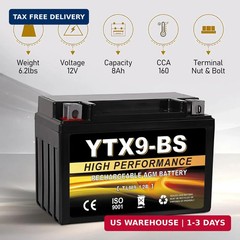 YTX9-BS 12V 9Ah AGM Sealed Motorcycle Battery, Maintenance-Free, Compatible with