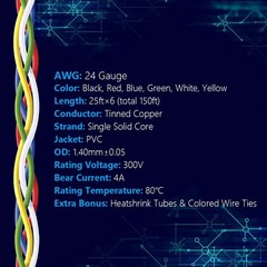 24 AWG Solid Core Wire Spool 25ft Each 6 Colors Flexible 24 Gauge Hook up Wir…