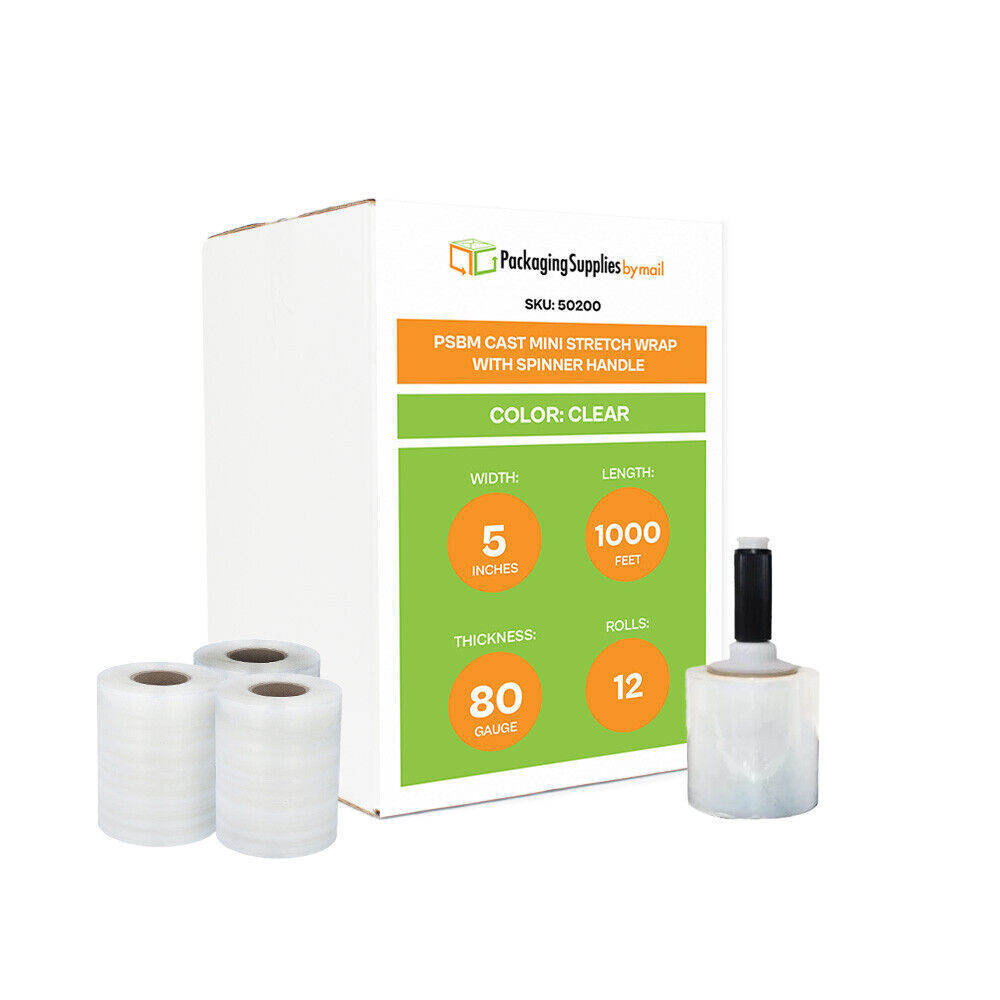 12 Rolls 5″x1000′ 80 Ga Cast Narrow Stretch Wrap Clear Film w/ Black Handle