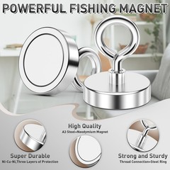 FINDMAG 1.76″ Fishing Magnets, 200 LBS Pulling 1.76 inches (45mm), Silver