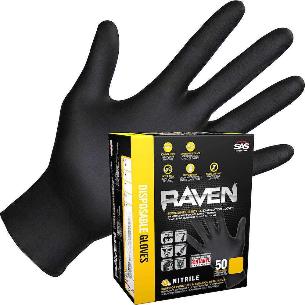 SAS Safety, Raven Gloves 50 Packs 7Mil PF Exam Textured, Size L, Color Black,