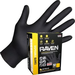SAS Safety, Raven Gloves 50 Packs 7Mil PF Exam Textured, Size L, Color Black,