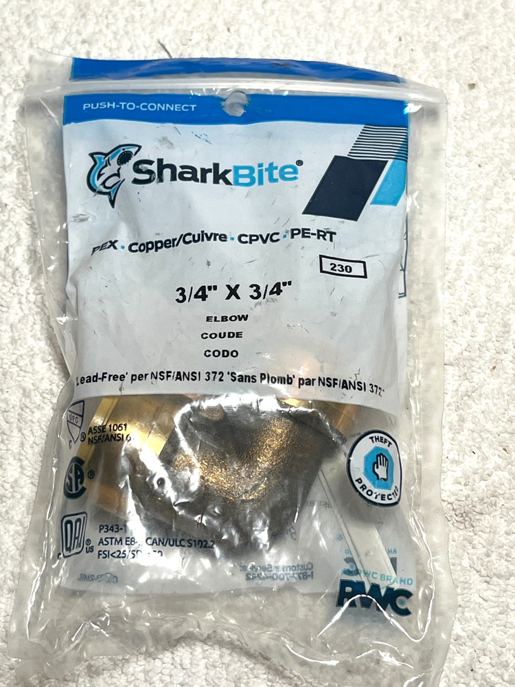 Sharkbite, 3/4″ x 3/4″ Elbow Lead Free New U256LFA