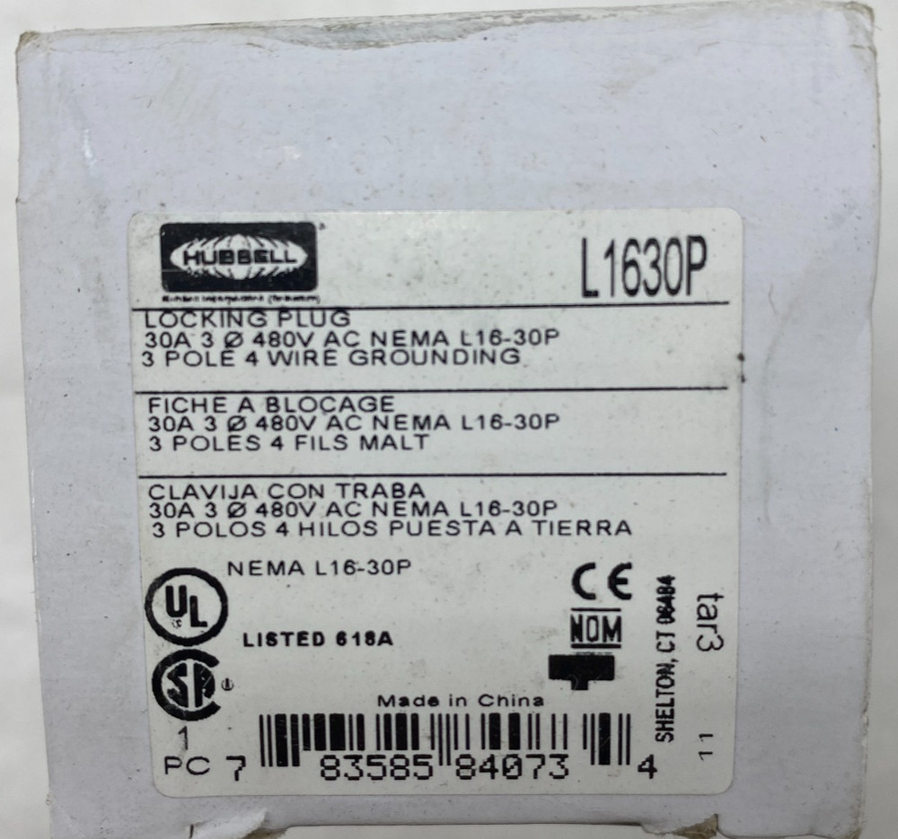 Hubbell L1630P 30A Locking Plug NEMA L16-30P 3P4W