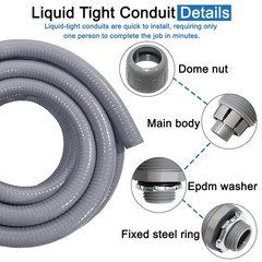 Liquid-Tight 1/2″ Flexible Conduit Kit, 50ft with 8 Connectors, UL Certified