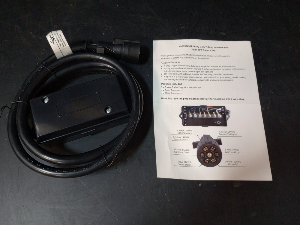 MICTUNING HEAVY DUTY 7 WAY TRAILER CABLE W/JUNCTION BOX – 8 FT – WEATHERPROOF