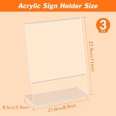 3 Pack Acrylic Sign Holder 8.5×11 Inches, Clear Display Holder, L-Shape Vertical