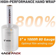 Shrink wrap Stretch Film Clear 2 Rolls 5″x1000 80 Gauge with Handle Heavy Duty
