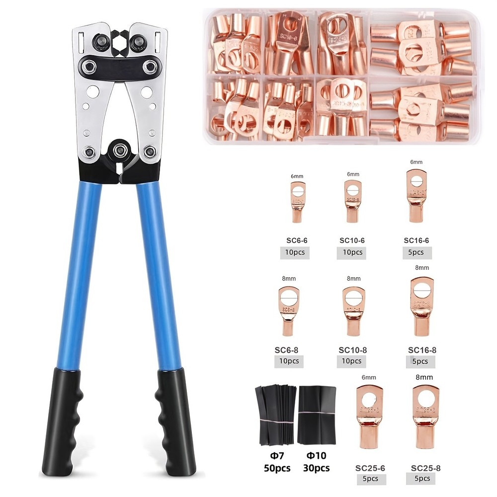 Battery Cable Crimper AWG Kit 10-1/0, Wire Terminal Crimping Tool with 60Pcs