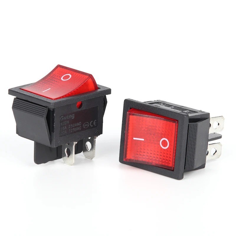 2PCS KCD4 Rocker Switch 20A125V 16A250V DPST 4Pin Red Light 220V On Off ACs