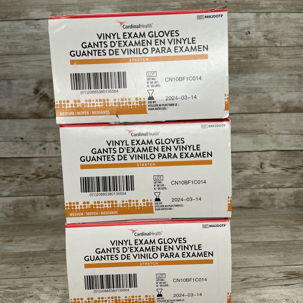 3 Boxes Cardinal Health Stretch Vinyl Exam Gloves – Size: Medium Exp: 3/24