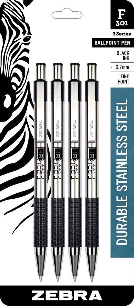 4-Pack Zebra Pen F-301 Retractable Pen Stainless Steel Barrel BLACK 0.7mm