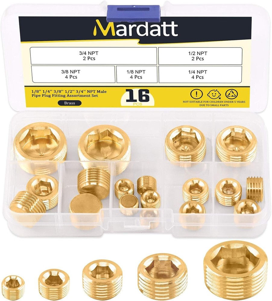 16Pcs Brass NPT Plug Assortment Kit 5 Sizes1/8″ 1/4″ 3/8″ 1/2 “3/4” Internal hex