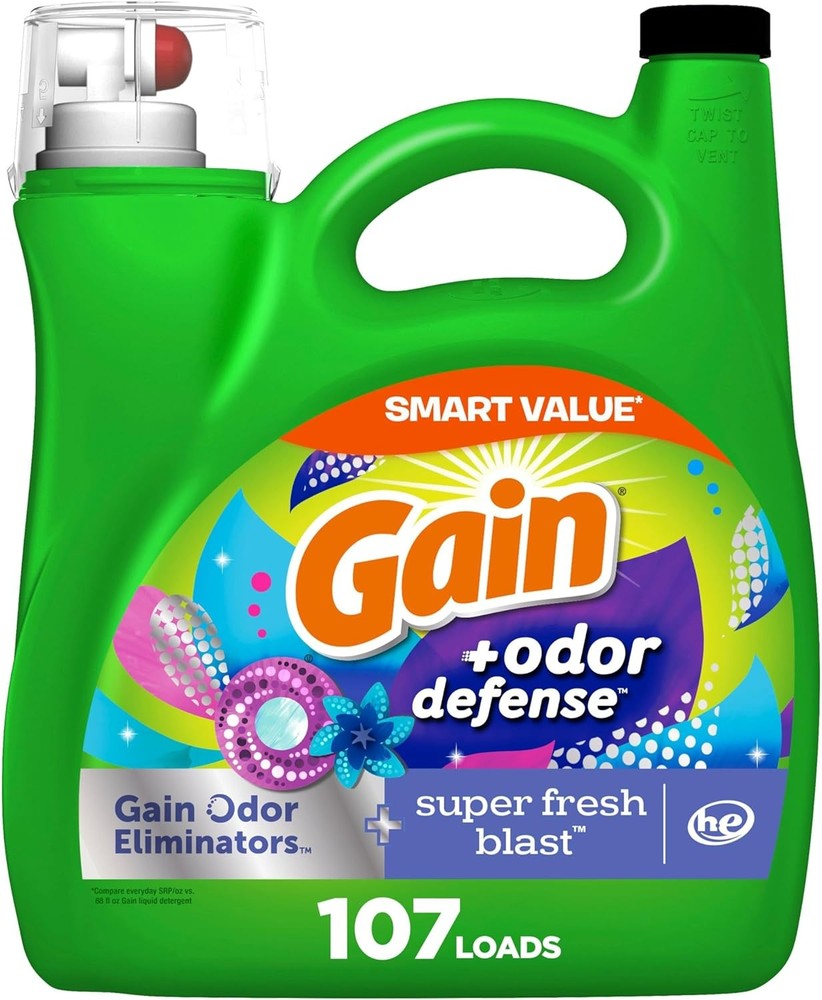 Gain + Odor Defense Liquid Laundry Detergent, Super Fresh Blast Scent, 107 Loads