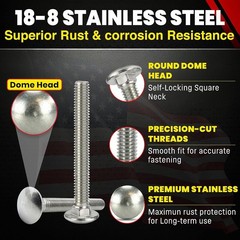 304 Stainless Steel 1/4-20 x 2-1/2 Carriage Bolts – 100K PSI Strength, 50 Pieces