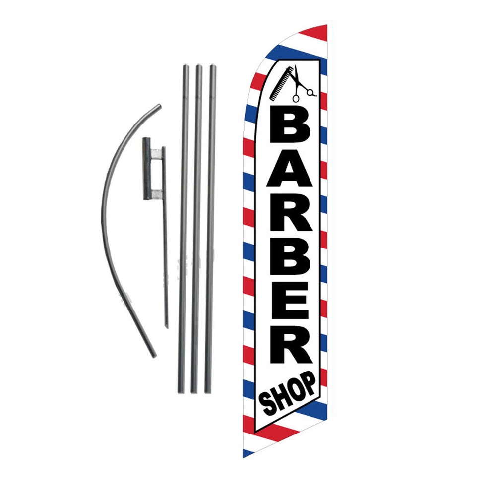 NEW Barber Shop 15′ Feather Banner Swooper Flag Kit with pole+spike haircuts