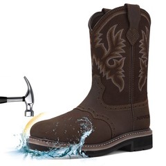 HISEA Men Cowboy Boots Square Toe Western Genuine Leather Steel Toe Safety Boots