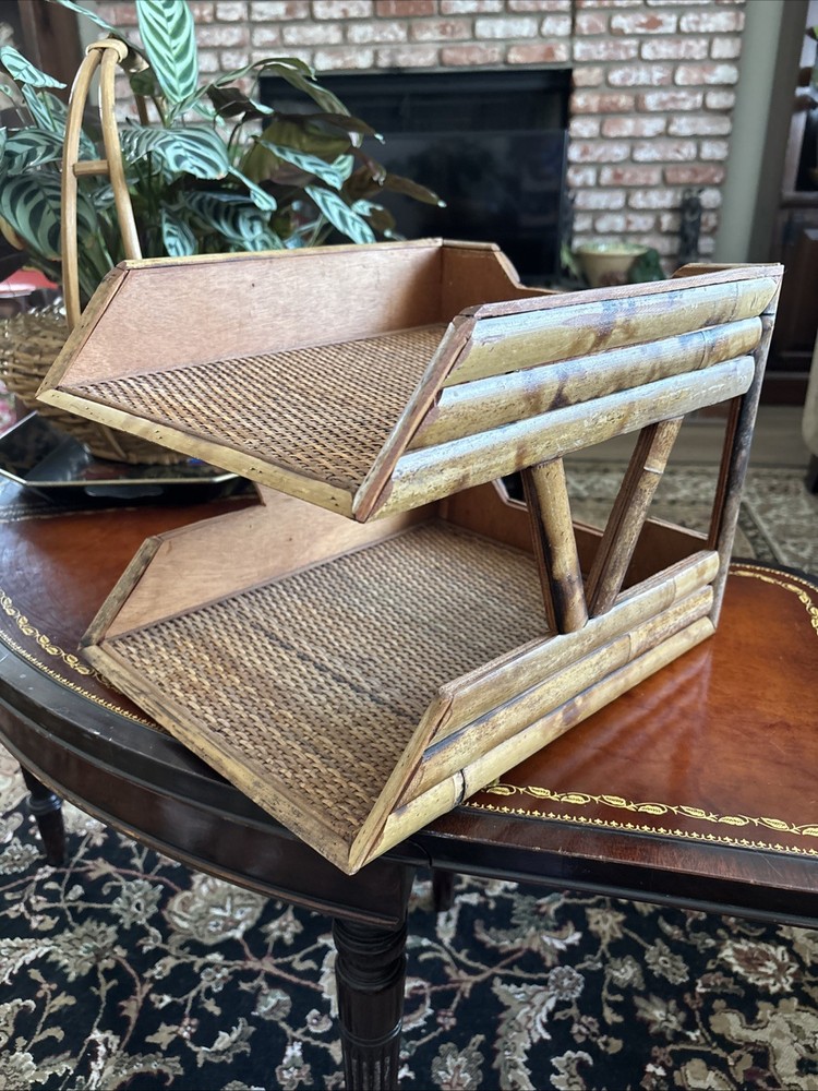 Bamboo Woven Rattan 2 Tiered Desk Organizer, Burnished 🔥 Good Condition