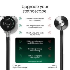 Eko CORE 500 Digital Stethoscope 40x Amp 3-Lead ECG FDA-Cleared Champagne