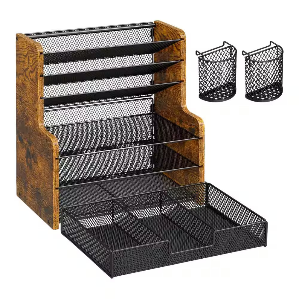 13.58 In. W X 15.04 In. H Brown Wood Metal Retro Mesh Desk Organizer with Drawer