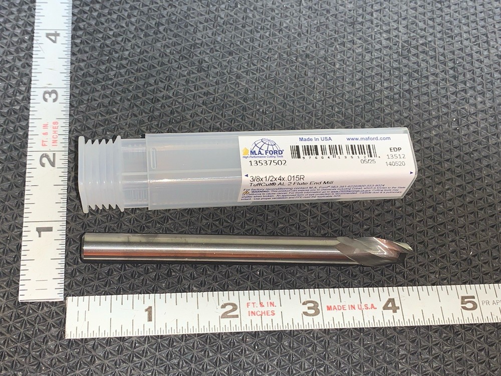 Corner Radius End Mill 3/8″ Dia 1/2″ cut 0.0150″ Radius, 2FLUTE Solid Carbi USA
