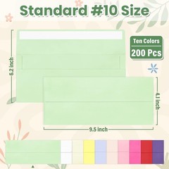 Colorful #10 Business Envelopes 4-1/8 x 9-1/2 inch (200 Pcs), Multicolored