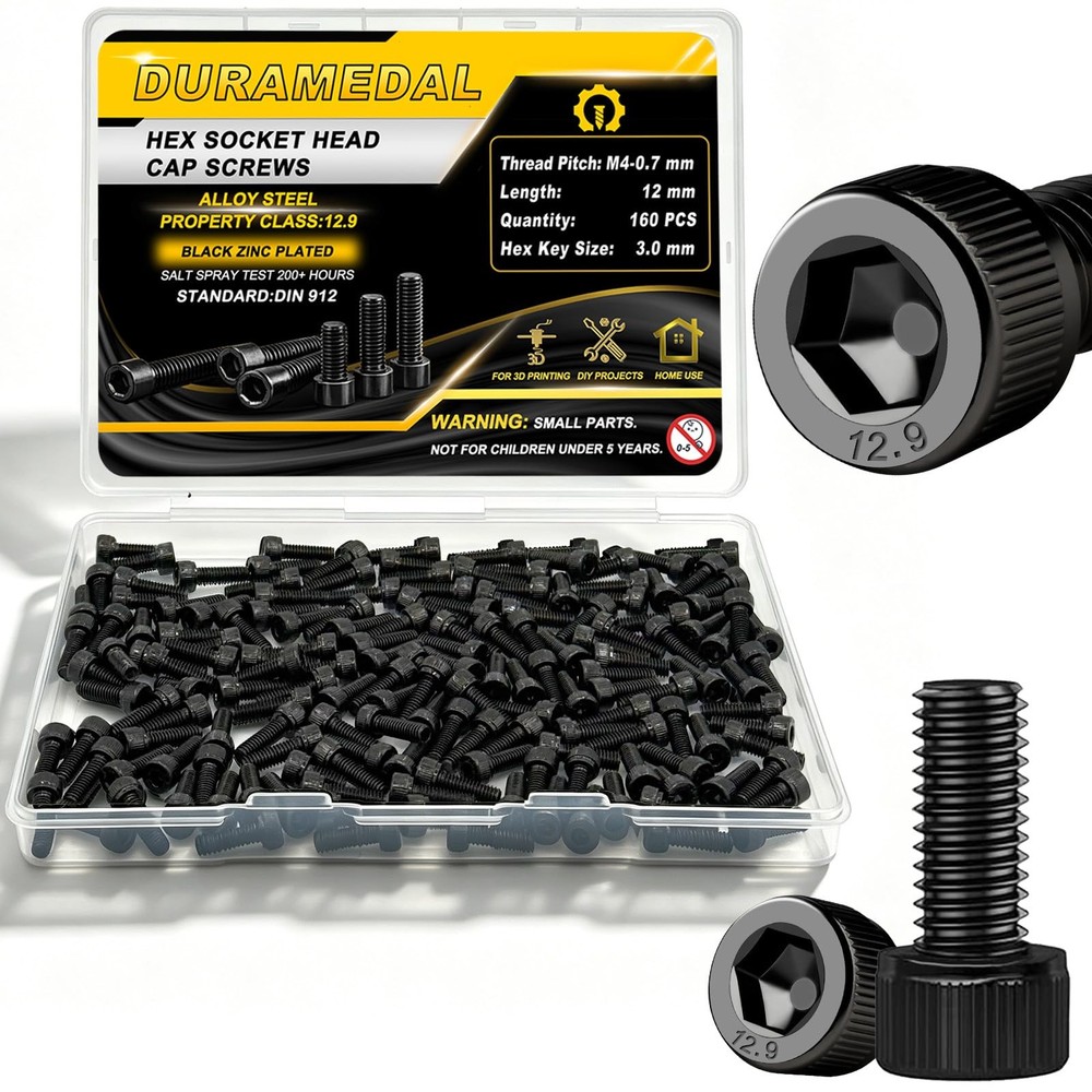 Duramedal 160pcs M4 x 12mm Screws, Hex Socket Head Cap M4*12mm 160pcs, Black