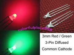 100 x 3mm Dual Bi-Color Red/Green Diffused Bright 3-Pin Led Common Cathode Leds