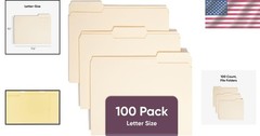 Letter Size Manila Folders, 1/3-Cut Tab, 100 Pack