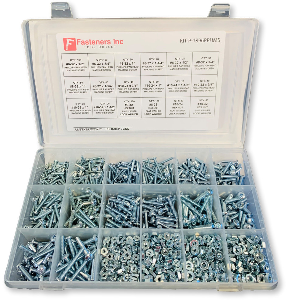 1896 PCS Phillips Pan Head Machine Screw Assortment w/ Nuts Flats & Lock Washers