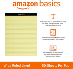 Amazon Basics Wide Ruled Lined Writing Pads, 8.5″ X 11.75″, Canary, 12-Pack of 5
