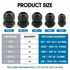 25 Pack Cable Gland Kit – IP68 Waterproof Nylon Cord Grip Connectors PG7 to PG16