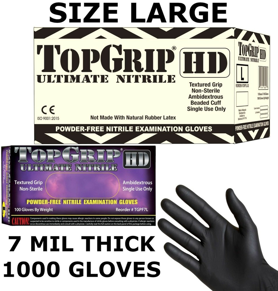 TOPGRIP HD Black Nitrile Exam Gloves, Powder Free, 7 MIL, FULL CASE, Size LARGE