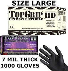 TOPGRIP HD Black Nitrile Exam Gloves, Powder Free, 7 MIL, FULL CASE, Size LARGE