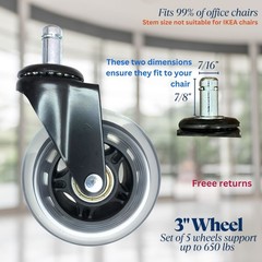 Set of 5 Office Chair Rollerblade Wheels Caster Heavy Duty 3 inch