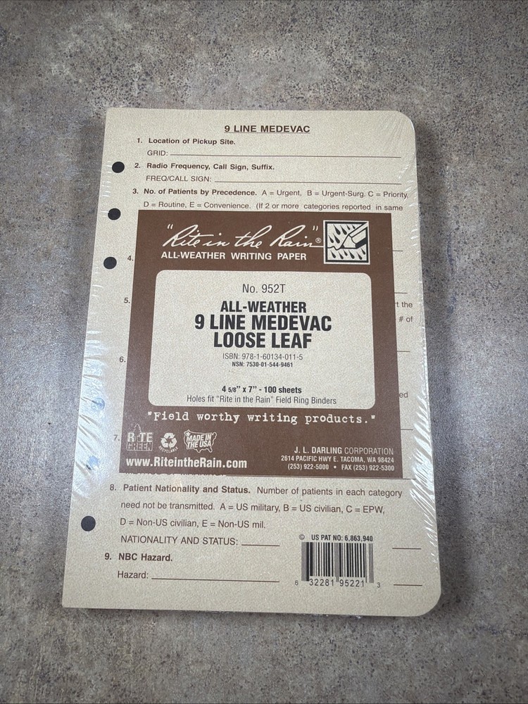 Rite In The Rain All Weather 9 Line Medieval Loose Leaf Tan 4×7 100 Sheets 952T