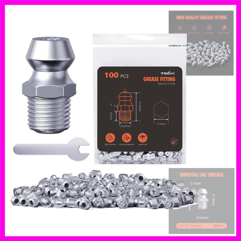 1/4″-28 Zerk Grease Fittings, SAE Grease Nipples with Straight, Grease Fittin…