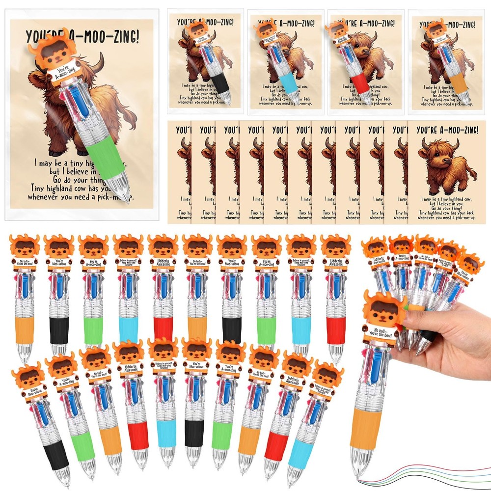 25 Sets Highland Cow Back to School Gifts Multicolor Pens 4-in-1 with Support…