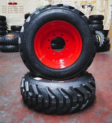 4 New 10-16.5 16PR R-4 Super HD Skid Steer Tires on 16.5×8.25 Orange Steel Rims