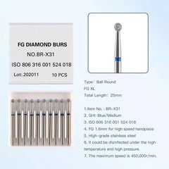 10 Pcs/Box Dental Surgical Diamond FG 1.6mm Burs Ball Round High Speed Handpiece