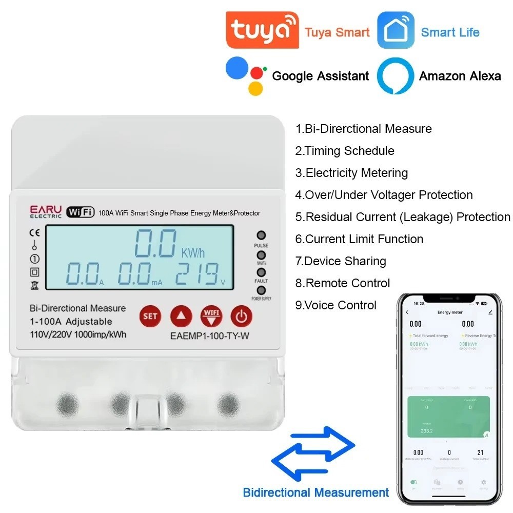 Single Phase 230V WiFi Smart kWh Energy Meter Leakage Relay Voltage Control AC