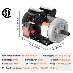 VEVOR 2HP Electric Motor 1725RPM AC115/230V 143/5T Frame 1-Phase 7/8″ Key Shaft