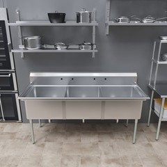 78 in. x 30 in. Stainless Steel Three Compartment Sink with 24 in. x 24 in. x 14