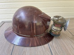 Vintage 1930s – 1940s MSA Skullgard Fiberglass Full Brim Hard Hat w/Lamp
