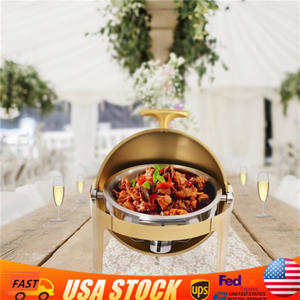 Gold Round Roll-Top Chafing Dish Set Commercial Stainless Steel Buffet Warmer