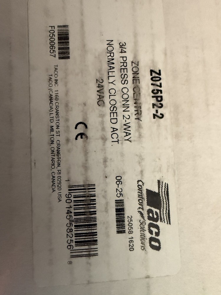 Z075P2-2 ZONE SENTRY 3/4 PRESS CONNECTION 2-WAY NORMALLY CLOSED ACT 24VAC