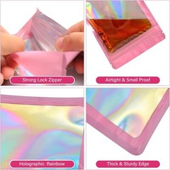 100 Pack Pink Holographic Ziplock Bags Resealable Sealable Mylar Packaging Bag