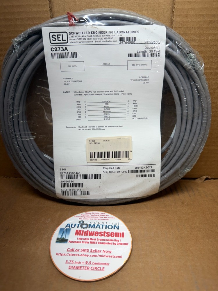 NEW SEL C273A-035 9 PIN MALE D-SUB CONNECTORS LENGTH 35FT ID: 29764980 SHIPSFAST